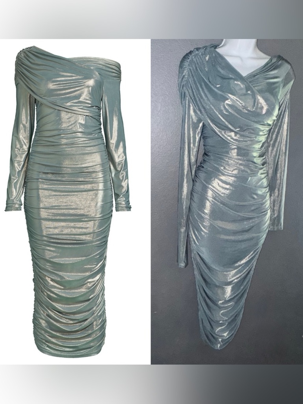 Undra Celeste New York Shimmering Green Blue Midi Long Sleeve Dress Medium
